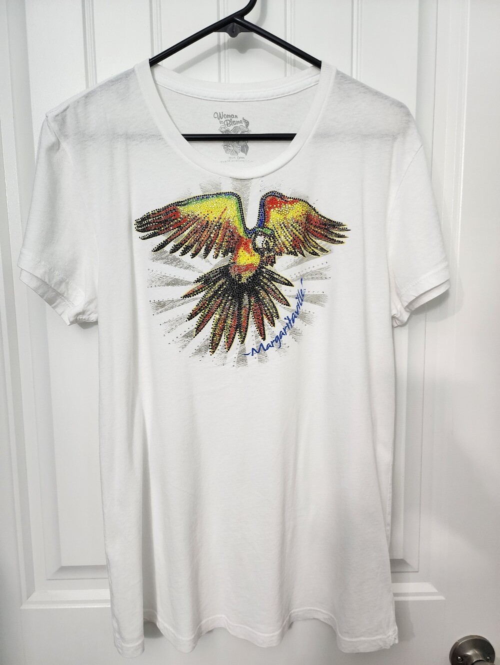 Margaritaville Women's White Rhinestone Parrot Graphic Tee, Size XXL